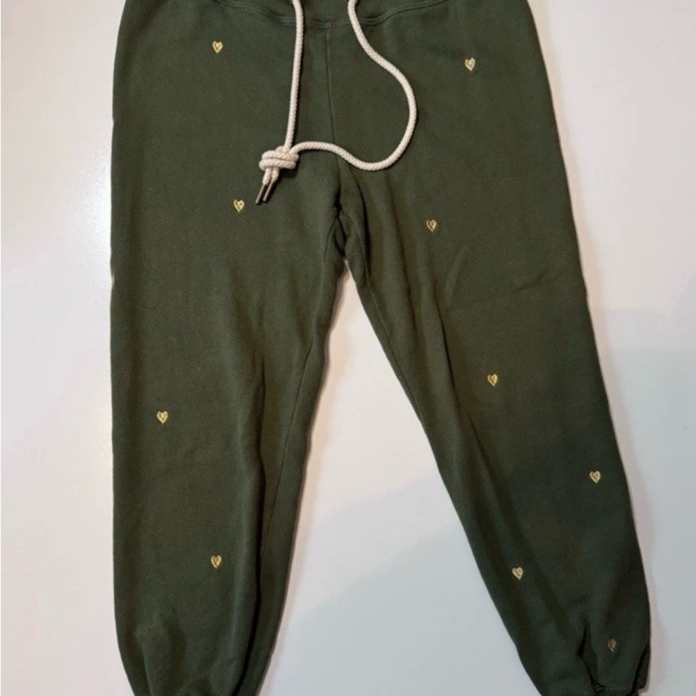 THE GREAT. Dark Green cropped Joggers with gold Heart Accents - Picture 2 of 8
